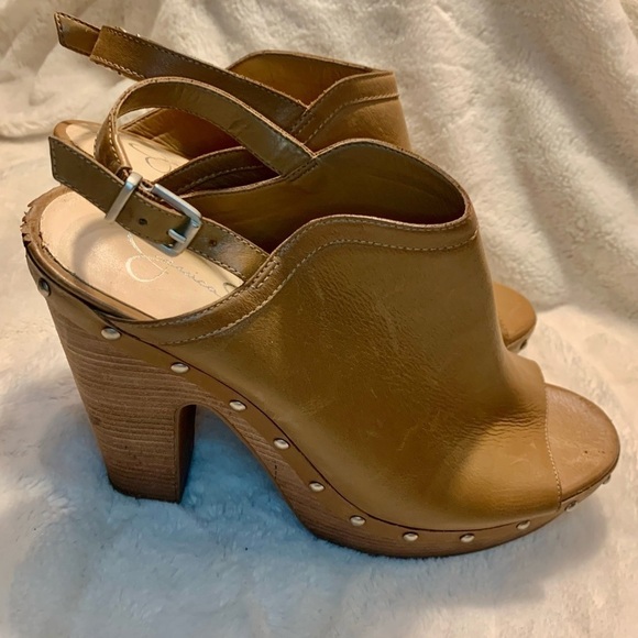 Jessica Simpson Pumps Sz 9.5 Daine Leather Tan Camel Open-Toe High Heels Straps - Picture 12 of 16